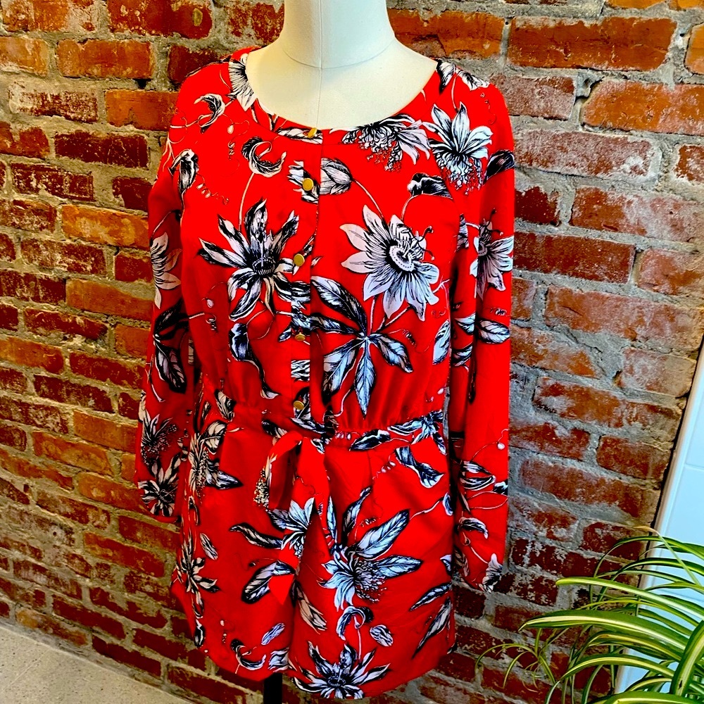 Anthropologie Liefsdottir bold print jumpsuit, with gold buttons.
